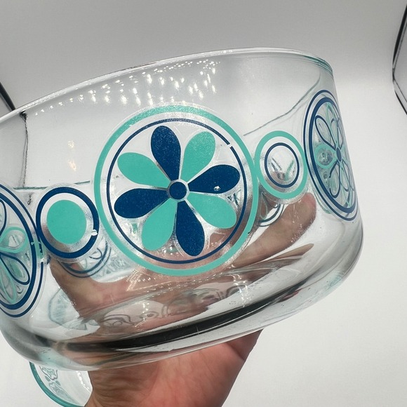 Vintage Pyrex Clear Glass Bowls Pinwheel Teal Floral Design Kitchen Decor Set - Picture 8 of 11